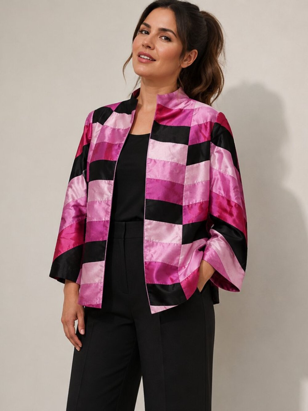 NWOT Marisa Baratelli Silk Jacket Pink Black Colorblock Art to Wear Luxury Sz 6
